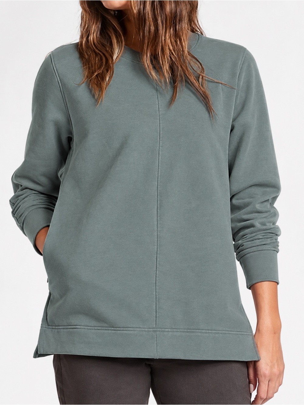 Athleta Retroplush Crewneck Sweatshirt 1X Sage Green Seam Detail Pockets
